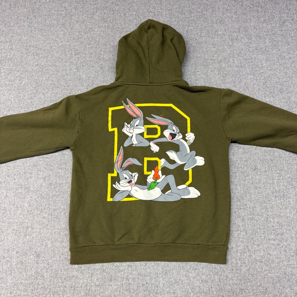 Looney Tunes Bugs Bunny Hoodie XL 13/14 Olive Green Graphic Pullover Sweatshirt